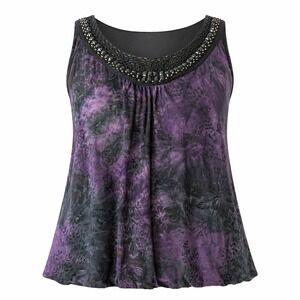 Dressbarn Women's‎ 1X Purple Black Floral Beaded Neck Sleeveless Bubble Hem Top